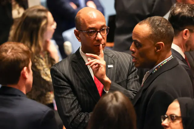 Robert Wood (centre) has been at the centre of the UNSC votes on Gaza