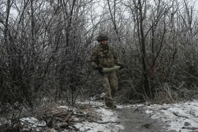 A Ukrainian soldier on the front line near Bakhmut, pictured last week