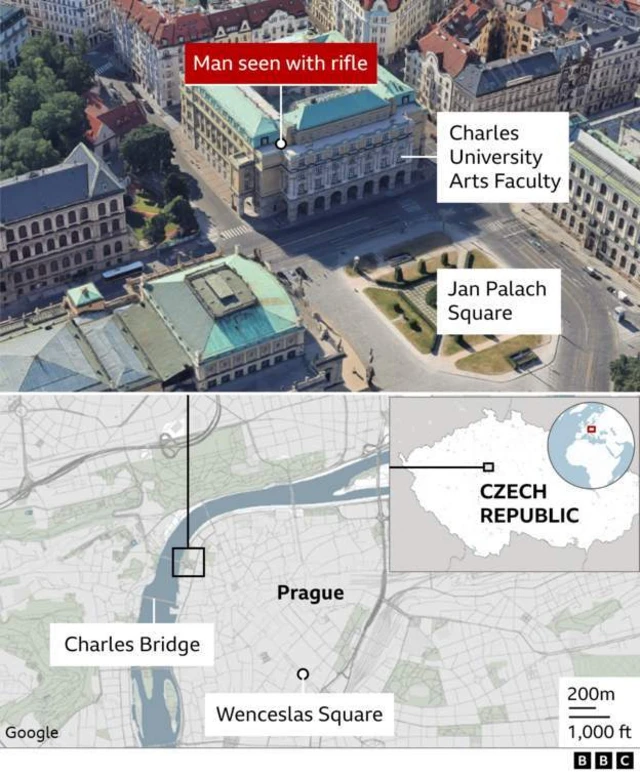 A map of the scene of the shooting in central Prague