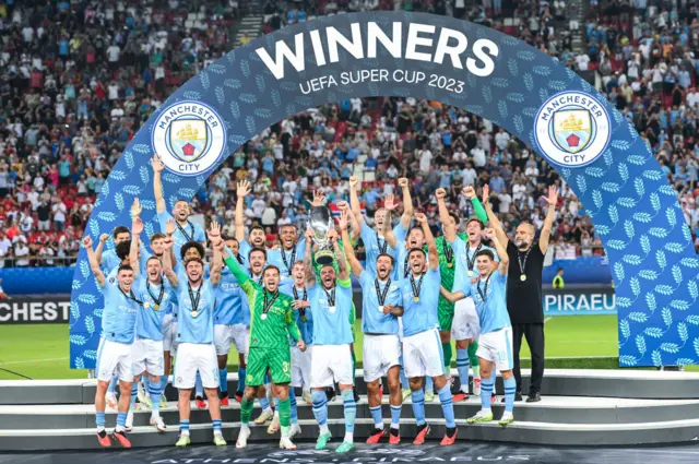 Manchester City celebrate winning the 2023 Uefa Super Cup