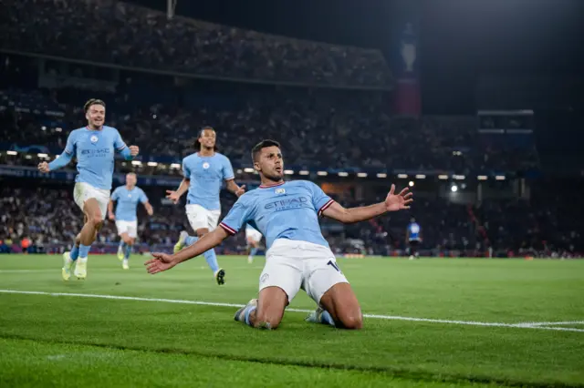 Manchester City's Rodri celebrates scoring in the 2023 Champions League final against Inter Milan