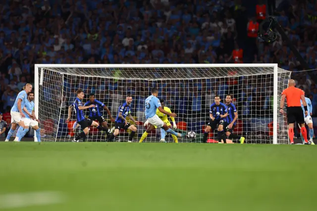 Manchester City's Rodri scores in the 2023 Champions League final against Inter Milan