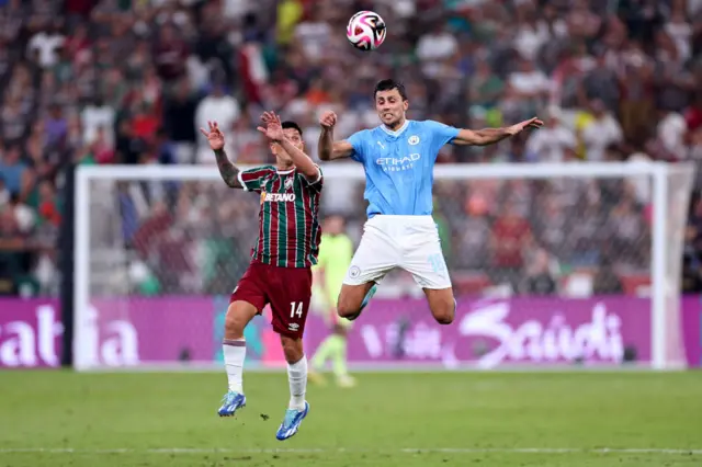 Rodri heading the ball for Manchester City