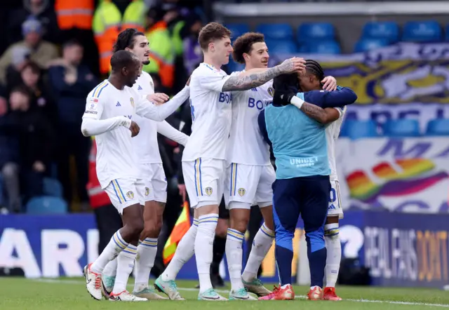 Leeds players celebrate with Crysencio Summerville