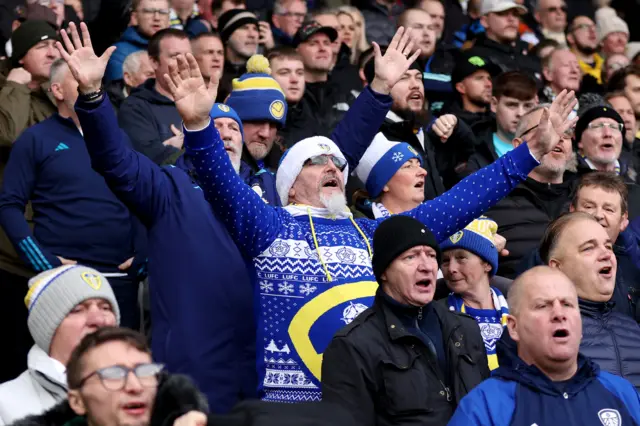 Leeds fans sing before the game against Ipswich