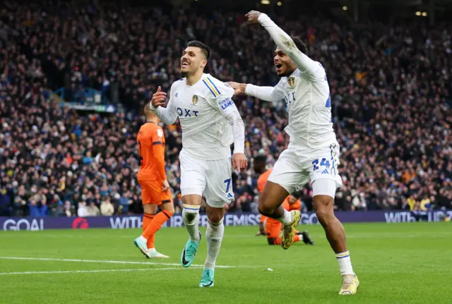 Joel Piroe celebrates scoring Leeds' fourth against Ipswich