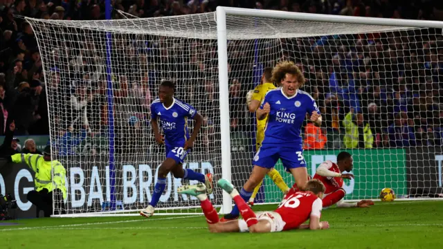 Patson Daka celebrates scoring for Leicester