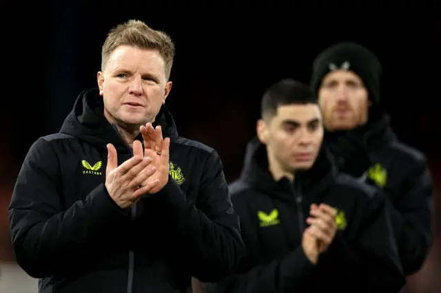 Eddie Howe, Manager of Newcastle United, applauds the fans