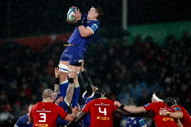 Leinster's Joe McCarthy is helped high at the lineout to win the ball