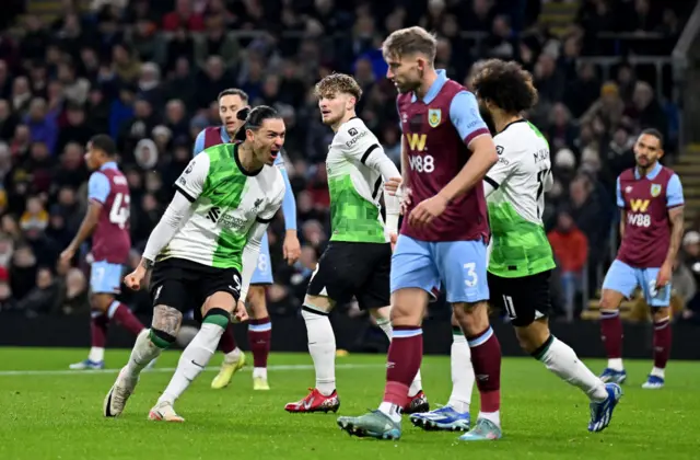 .Nunez celebrates his goal v Burnley by running to hug his teammates.