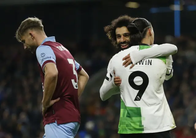 .Nunez celebrates his goal v Burnley by hugging Mo Salah.