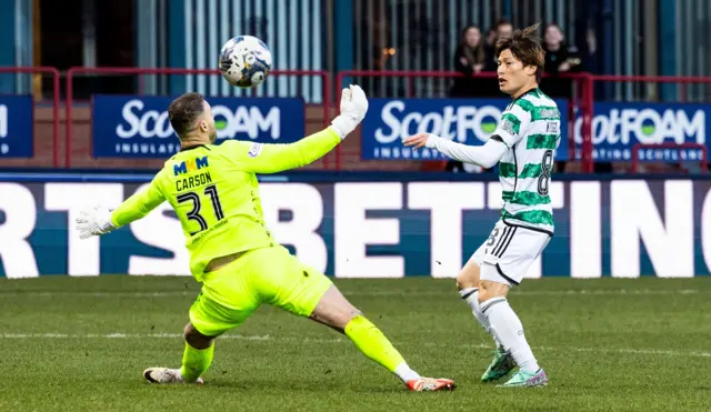 Dundee goalkeeper Trevor Carson is beaten by Kyogo Furuhashi