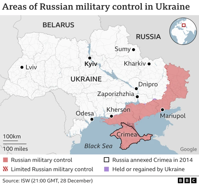 Map showing Russian military control in Ukraine, with cities including Kyiv, Lviv, Kharkiv and Odesa marked