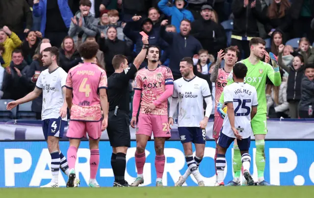 Leeds goalkeeper Illan Meslier is sent off against Preston