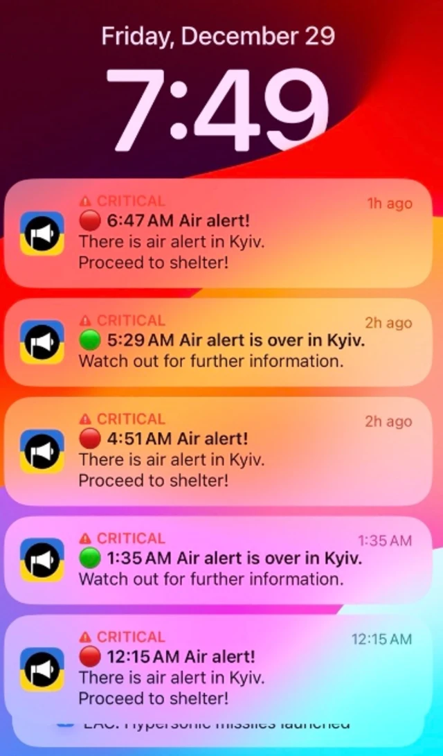 Screenshot of a phone lock screen, with a series of air raid alerts for Kyiv between the hours of 12:15 AM and 6:47 AM