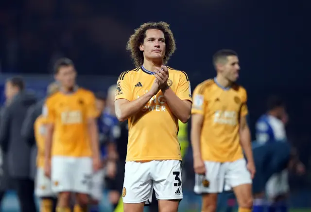 Leicester's Wout Faes applauds fans following the Foxes' draw at Ipswich