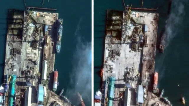 Satellite images showed the landing ship Novocherkassk docked at Feodosiya first on 5 December (L), then on 26 December