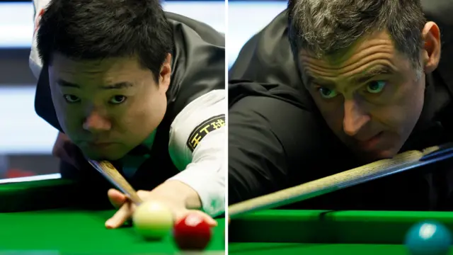 Ding Junhui and Ronnie O'Sullivan play shots at the UK Championship