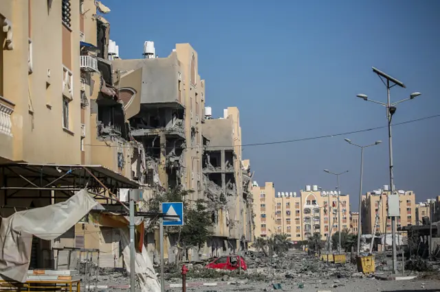 A view of destruction to Palestinian citizens homes caused by air strikes on their homes in Khan Younis, 2 December 2023