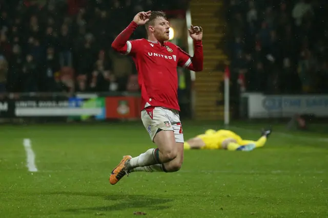 Andy Cannon celebrates scoring Wrexham's second goal against Yeovil