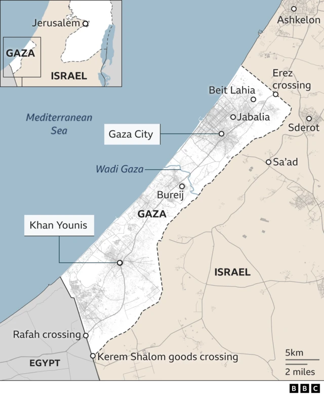 A general map of Gaza, showing the Rafah crossing in the south and Khan Younis, as well as where Israel and Egypt are situated in relation to Gaza