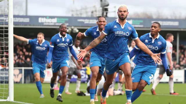 Paul McCallum celebrates scoring Eastleigh's winner against Reading