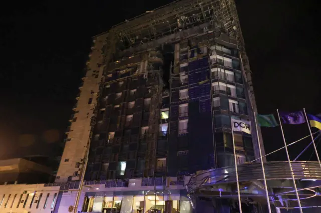 A destroyed but still standing Kharkiv Palace Hotel