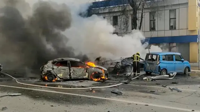 Cars on fire in Belgorod