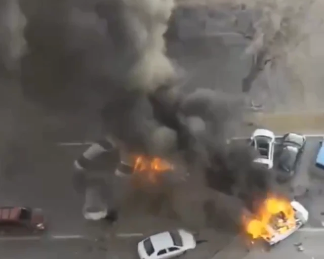 Aerial image of cars on fire in Belgorod