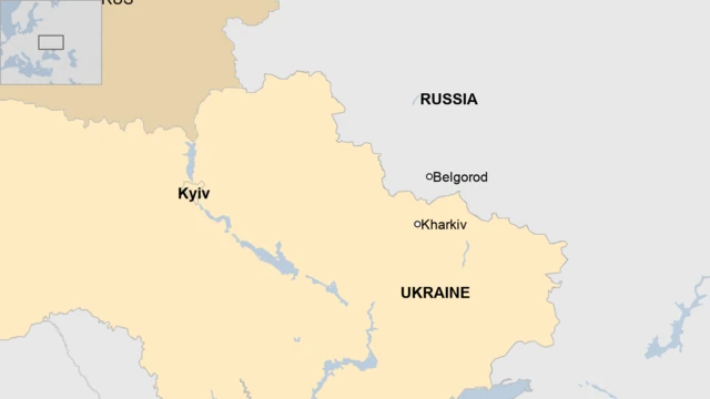 Map of north-east Ukraine (including Kyiv and Kharkiv) and south-west Russia (including Belgorod)