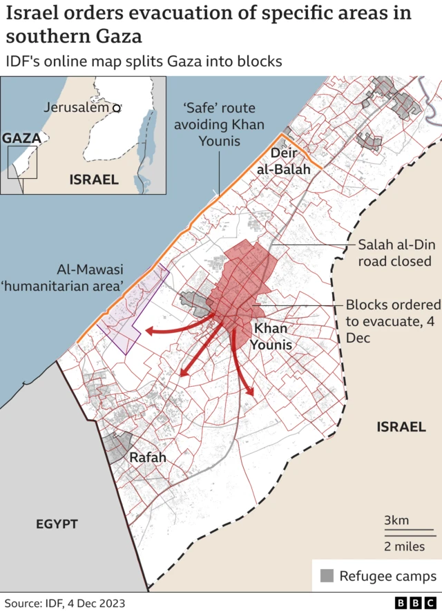 Map showing areas blocks of Khan Younis area that Gazans have been urged to leave