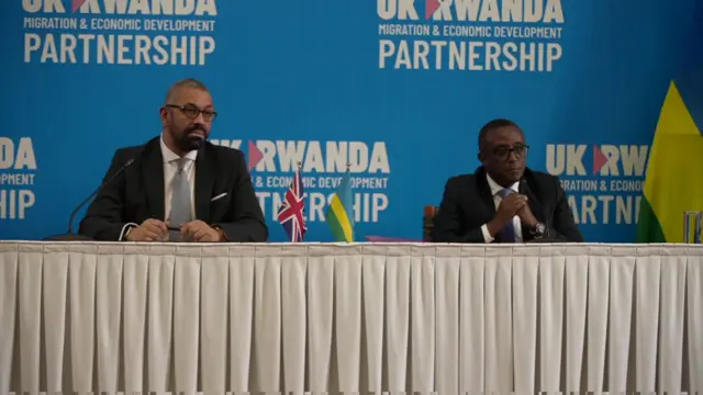 James Cleverly and Vincent Biruta speak at a press conference