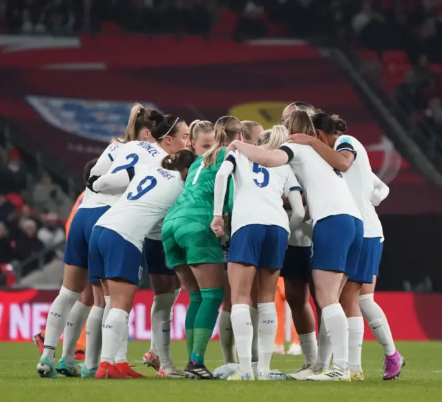 England players huddle together before the match v Netherlands.