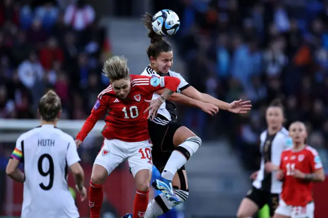 Jessica Fishlock of Wales battles with Lena Oberdorf of Germany during the Nations League League Group A3 match between Germany and Wales in October