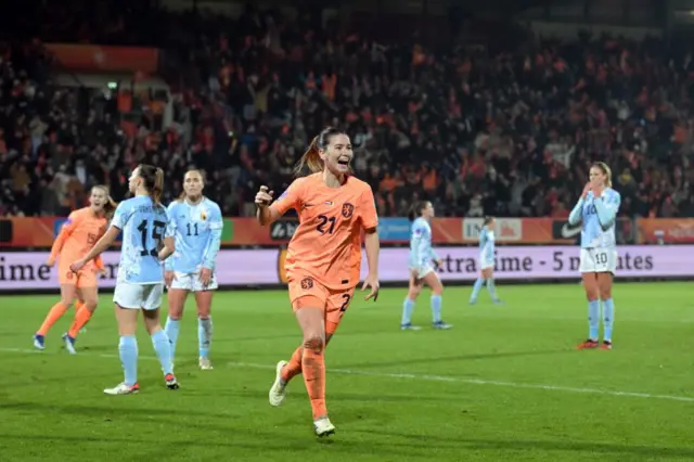 Egurrola cleebrates her late goal for the Netherlands.