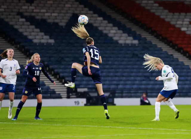 Greenwood heads the ball uncontested in the box.