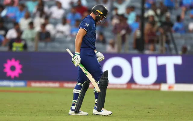 Jos Buttler walks off after getting out against Netherlands during the Cricket World Cup