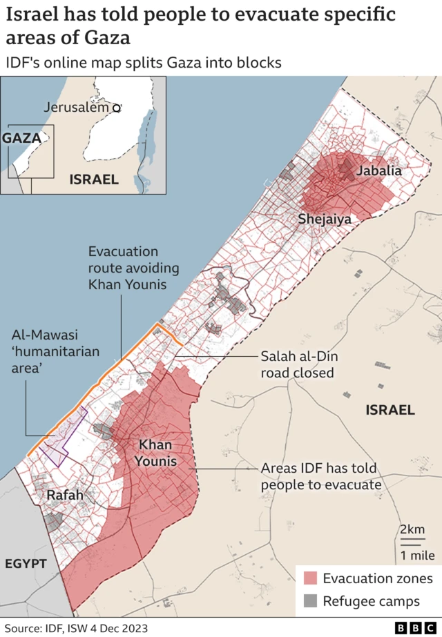 Map of Gaza showing Rafah, Khan Younis, Salah al-Din road, Shejaya and Jabalia