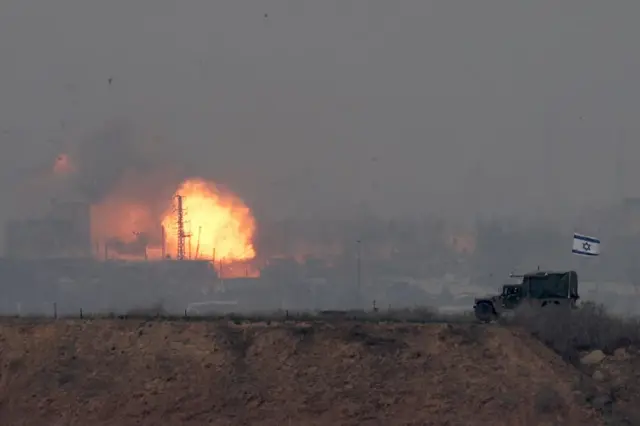 An Israeli jeep close to the Gaza boundary on Tuesday during an air strike