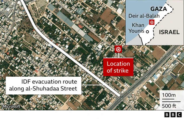 Gaza graphic showing IDF evacuation route along al-Shuadaa Street and location of strike in Deir al-Balah