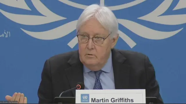 Martin Griffiths speaking at a news conference in Geneva