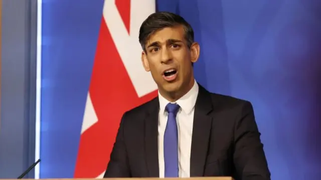 British Prime Minister Rishi Sunak speaks to the media during a press conference