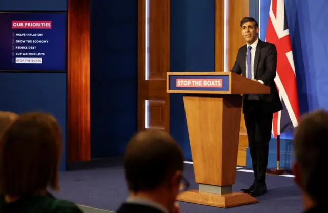 Rishi Sunak speaks to the media during a press conference at Downing Street in London