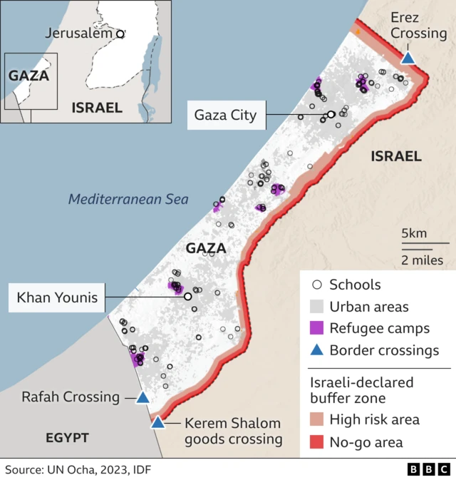 A map showing border crossings, schools, and refugee camps in Gaza