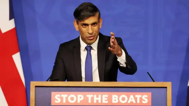 British Prime Minister Rishi Sunak speaks to the media during a press conference at Downing Street