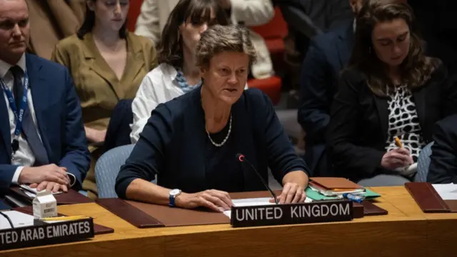 Barbara Woodward, Permanent Representative of United Kingdom to the United Nations, speaks during a United Nations Security Council meeting on Gaza, 8 December 2023