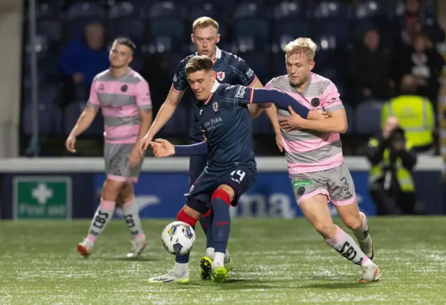 aith's Josh Mullin and Partick Thistle's Jack McMillan in action during a cinch Championship match between Raith Rovers and Partick Thistle at Stark's Park