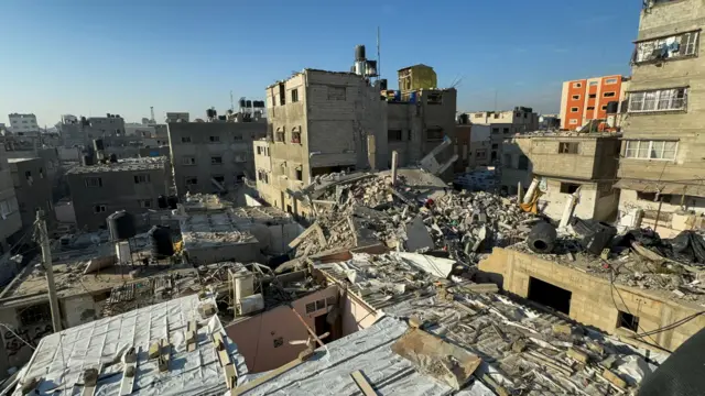 Rubble of destroyed buildings after a strike by Israeli armed forces