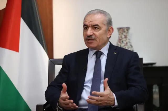 Mohammad Shtayyeh, Palestinian prime minister, during a Bloomberg Television interview in Ramallah, West Bank, on Thursday, Dec. 7, 2023. Shtayyeh said his preferred outcome of the conflict would be for Hamas to become a junior partner under the Palestine Liberation Organization, helping to build a new independent state that includes the West Bank, Gaza and East Jerusalem. Photographer: Stringer/Bloomberg via Getty Images