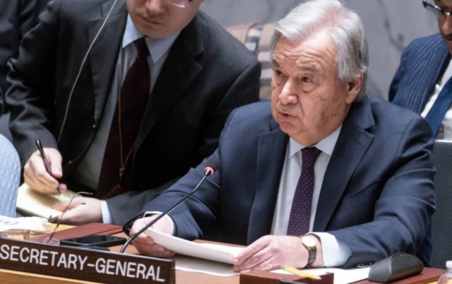 Antonio Guterres speaks during a United Nations Security Council meeting on Israel-Gaza conflict, 8 December 2023